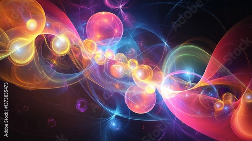 A vivid abstract digital composition featuring bright, colorful spheres and flowing light streaks, suggesting motion and energy. Ideal for creative or futuristic-themed projects.. AI Generation