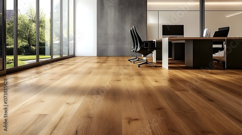 Spacious Office with Elegant Wooden Floor for Professional Workplace Interior Design