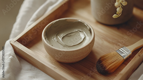 Spa Day: Earthy clay mask in a bowl, paired with an application brush, for a natural skin treatment.