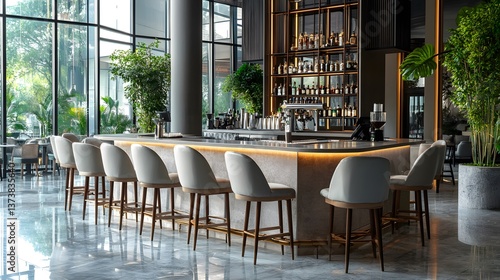 Elegant Luxury Cafe Interior Design with Bar Island and Dining Table for High-end Hospitality Establishments