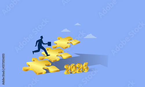 The businessman runs up the golden puzzles to his success. Vector drawing
