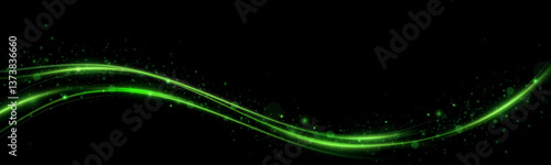 Green Speed ​​Lines, Light in Motion, Glowing Light Trails with Sparkles. Vector decoration.