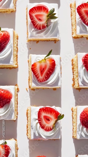 Strawberry cream squares with whipped topping on a white background in a grid pattern