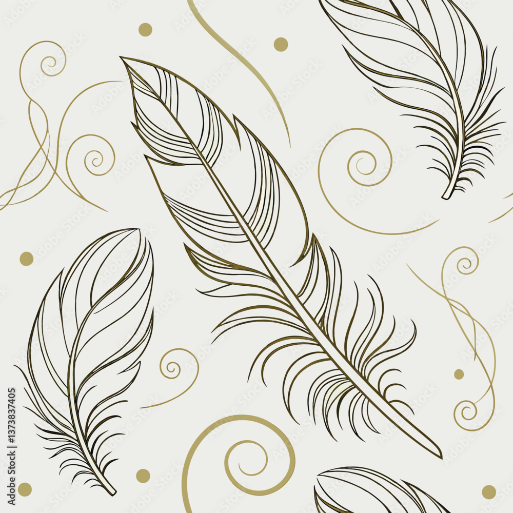 Obraz premium Ethereal Gold Line Art Feathers And Wind Swirls On Light Gray Background Seamless Pattern For Luxury Packaging Premium Textiles And Elegant Decor