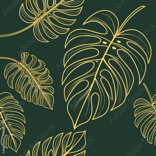 Tropical Gold Line Art Monstera And Philodendron On Forest Green Background Seamless Luxury Pattern For Premium Wallpaper And High End Home Decor