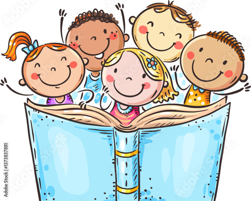 Group of happy children reading a book together. Hand-drawn cartoon kids illustration