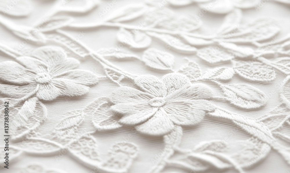 Close-up of delicate white floral lace with an intricate pattern and fine detailing for a refined look. Close-up of delicate white floral lace with an intricate pattern and fine detailing for a refined look.