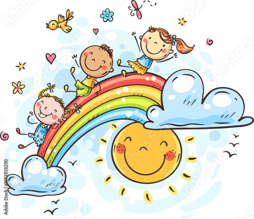 Doodle happy cartoon kids on rainbow. Children sitting on rainbow. Hand-drawn vector illustration