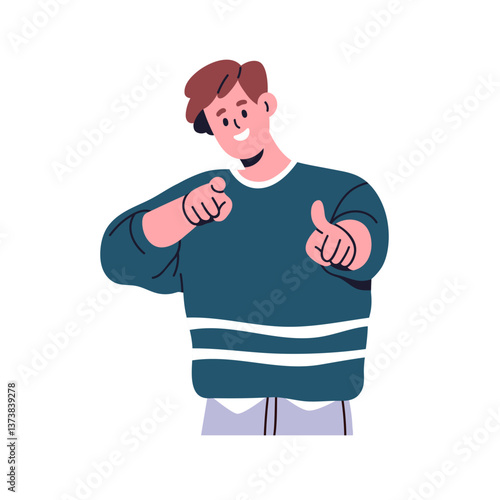 Happy smiling man pointing finger at you, picking, choosing candidate. Young male character showing, looking, selecting with point gesture. Flat vector illustration isolated on white background