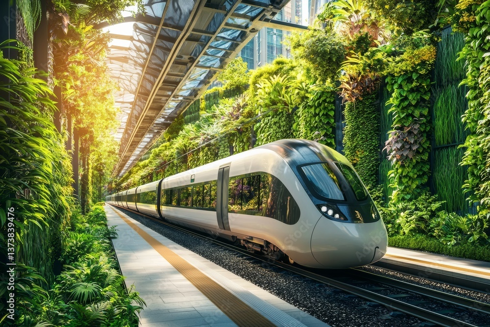 Fototapeta premium Stock photo of a high-speed train traveling through a futuristic green corridor, surrounded by eco-friendly urban architecture and lush vertical gardens