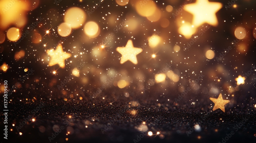 A dreamy, abstract display of glowing golden star-shaped bokeh lights, creating a magical and festive atmosphere. Ideal for holiday themes, celebrations, or decorative designs.. AI Generation A dreamy, abstract display of glowing golden star-shaped bokeh lights, creating a magical and festive atmosphere. Ideal for holiday themes, celebrations, or decorative designs.. AI Generation