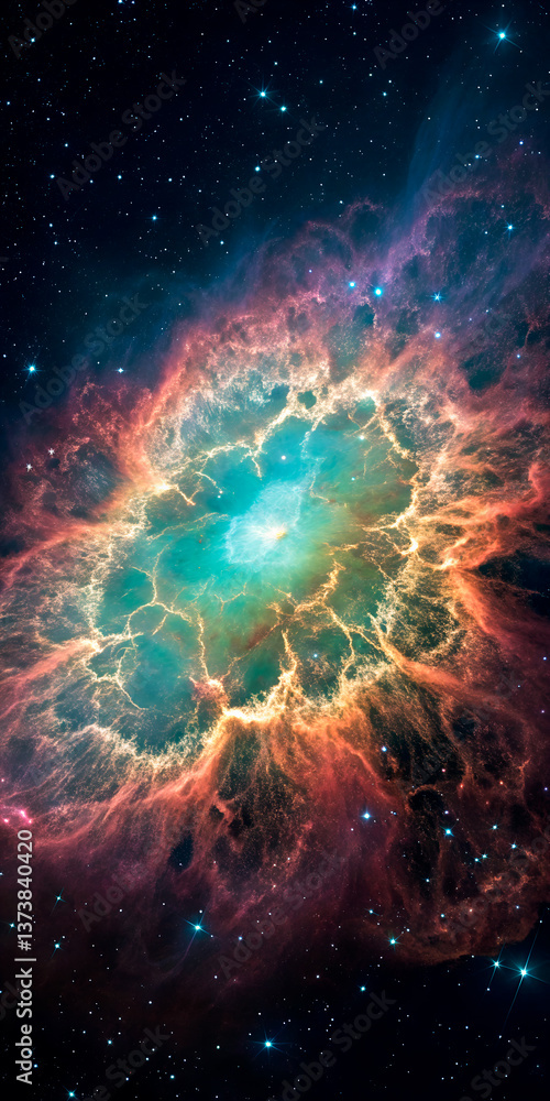 An emerald burst in space surrounded by waves of glowing fire-like filaments. An emerald burst in space surrounded by waves of glowing fire-like filaments.
