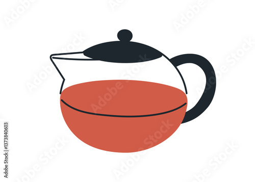 Tea pot. Glass transparent teapot with handle, lid, morning drink inside. Hot...