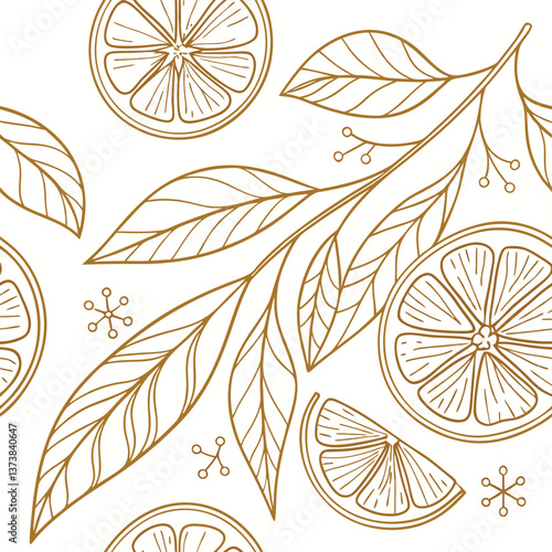 Botanical Gold Line Art Citrus Slices And Leaves On White Background Seamless Fresh Pattern For Luxury Packaging Premium Stationery And Kitchen Decor