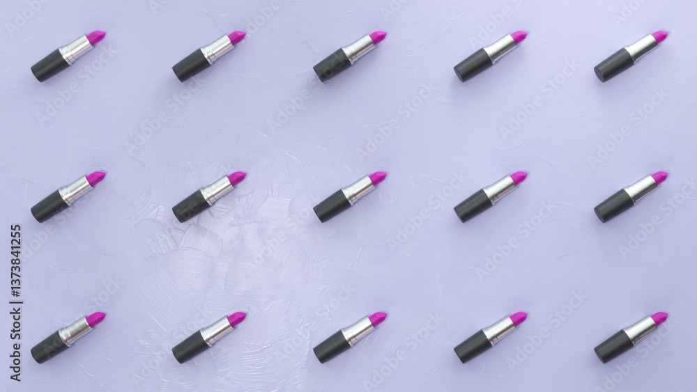 Obraz premium Fuchsia lipsticks are arranged on a light purple background, creating a repeating pattern across six panels, adding a vibrant pop of color to the scene