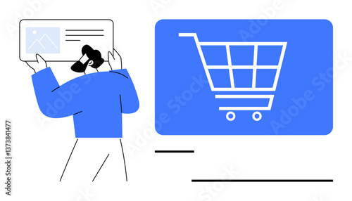 Person interacting with online platform screen and shopping cart icon, representing e-commerce. Ideal for technology, retail, marketing, user experience, innovation, business and shopping. Flat