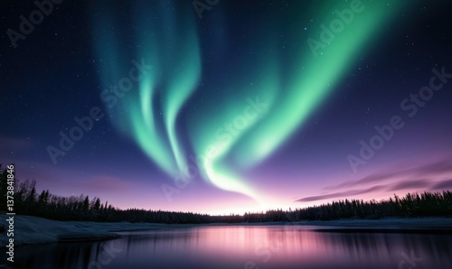 Wallpaper Mural Majestic green aurora borealis reflecting in a serene lake under a starlit night sky. Torontodigital.ca