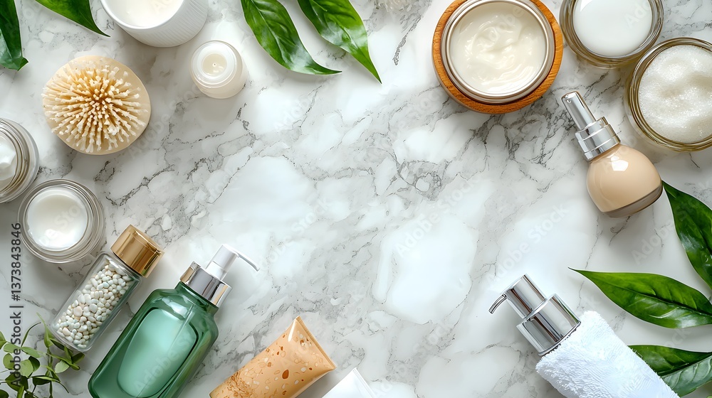 Array of various skin care products artfully arranged on a bathroom shelf creating a luxurious and clean atmosphere Array of various skin care products artfully arranged on a bathroom shelf creating a luxurious and clean atmosphere