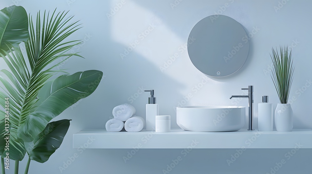 Fototapeta premium Serene bathroom scene featuring a beautiful plant on a minimalist shelf creating a relaxing and refreshing atmosphere