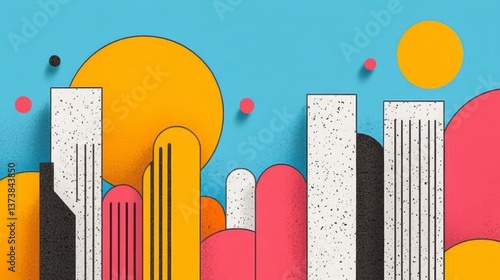 Vibrant Abstract Cityscape with Geometric Shapes and Bright Colors