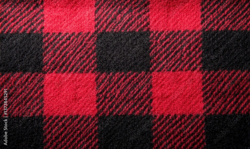 Detailed close-up of red and black buffalo plaid fabric displaying a cozy, checked pattern. Detailed close-up of red and black buffalo plaid fabric displaying a cozy, checked pattern.