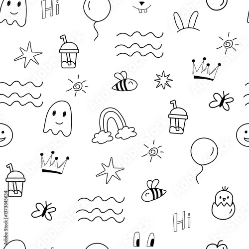 Kids doodle seamless pattern. Rainbow, crown, glass with lemon, funny faces, bees, balloons on the white background. Hand drawn elements. Excellent for textiles, wrapping paper, scrapbooking paper.