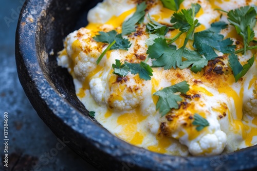 Baked cauliflower with melted cheese and parsley in a black bowl with a rustic background