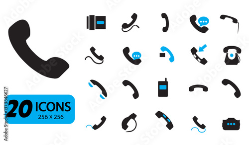 Set of 20 Phone and Communication Icons, Flat Style, 256x256 Pixels