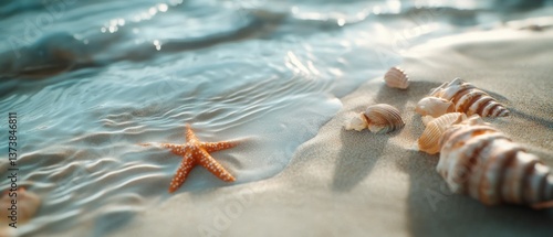 A serene coastal scene with a starfish and seashells arranged on gleaming sand as gentle waves brush the shore, embracing nature's delicate beauty.