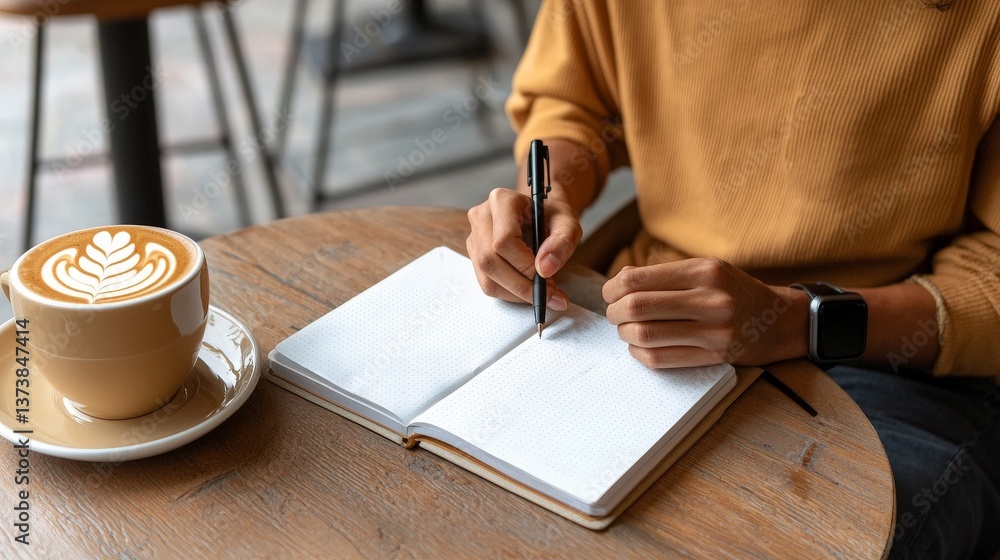 The Freedom of Digital Nomad Lifestyle and Remote Freelancing, A person writing in a notebook beside a latte in a cozy café setting.