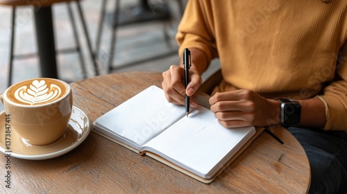 The Freedom of Digital Nomad Lifestyle and Remote Freelancing, A person writing in a notebook beside a latte in a cozy café setting.
