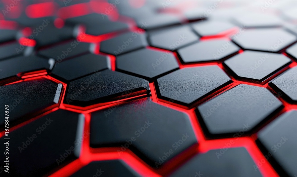 A striking abstract background of black hexagons interlinked with vibrant red glowing fissures. A striking abstract background of black hexagons interlinked with vibrant red glowing fissures.