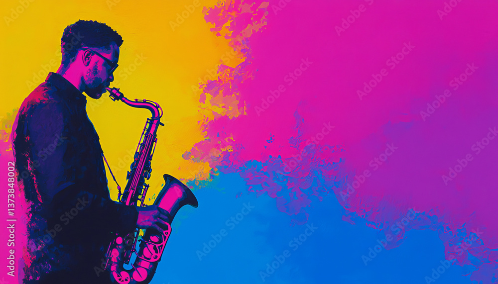 Fototapeta premium musician playing saxophone against vibrant, colorful background, expressing passion and creativity through music