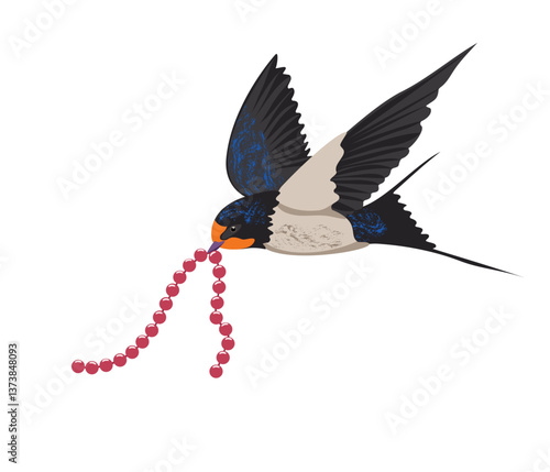 Swallow brightly colored plumage carries red beads in its beak. Vector isolated color vector drawing. Blue textured feathers, light colored body, black tail. Spring bird holding symbol beauty, fashion