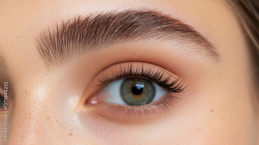Obraz premium Close-up view of a person's eye showcasing natural beauty and well-groomed eyebrows in soft lighting