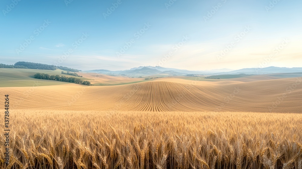 Golden Wheat Field Extends to Hills Under a Calm Sky Golden Wheat Field Extends to Hills Under a Calm Sky