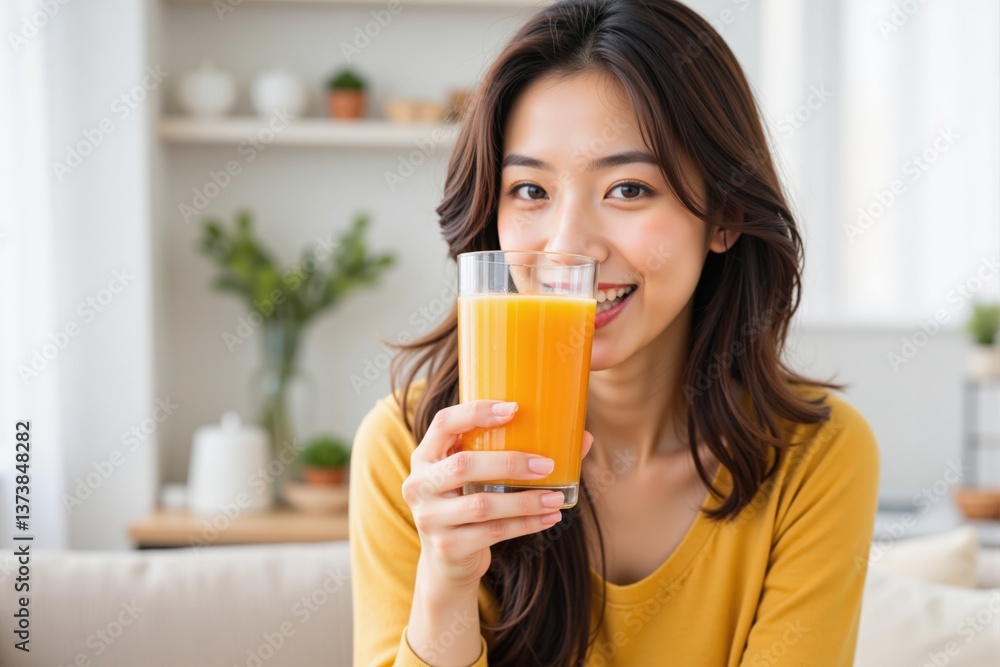Cheerful Young Asian Woman Enjoying Freshly Squeezed Orange Juice in a Bright, Cozy Living Room Setting Cheerful Young Asian Woman Enjoying Freshly Squeezed Orange Juice in a Bright, Cozy Living Room Setting