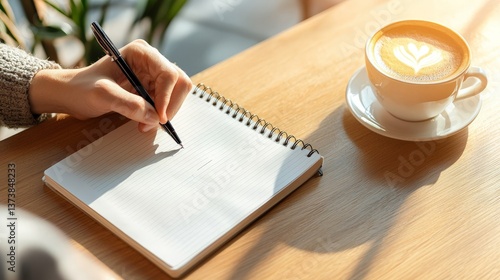 The Freedom of Digital Nomad Lifestyle and Remote Freelancing, A hand writes in a notebook beside a cup of latte art on a wooden table.
