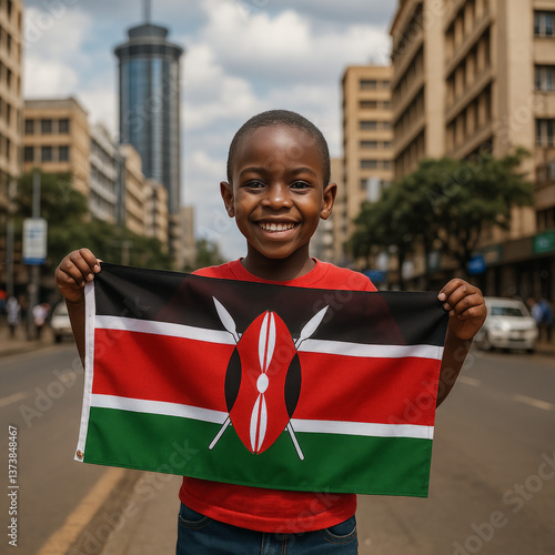 A young boy in a red shirt joyfully displays the Kenyan flag in the vibrant streets of Nairobi. Skyscrapers tower above as traffic moves by in the background Generative AI