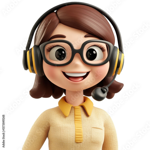 3D Cartoon Occupation. Smiling Cartoon Woman Wearing Headset and Glasses