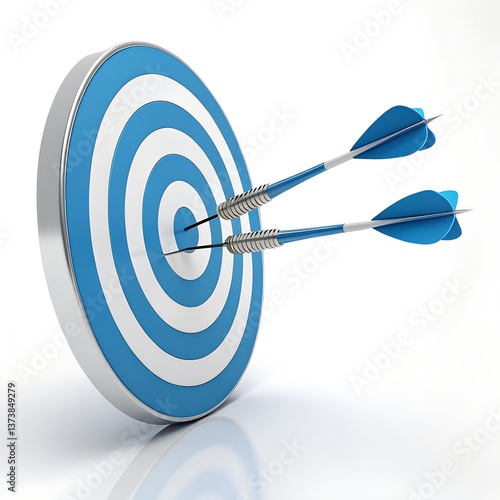 Blue and white dartboard with precision darts hitting the bullseye, representing accuracy, success and achievement in a clean and modern conceptual image