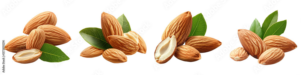 Almonds nuts with leaves isolated on transparent background. PNG , Set of Almonds nuts with leaves isolated on transparent background. PNG , Set of