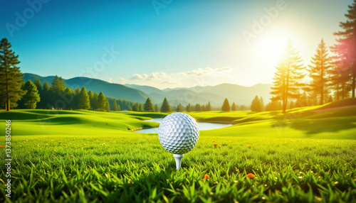 Golf ball on the course during a beautiful day. Promoting a new season, league, invitational, charity event, tournament, scramble, championship, challenge, or anything related to the topic of golf.