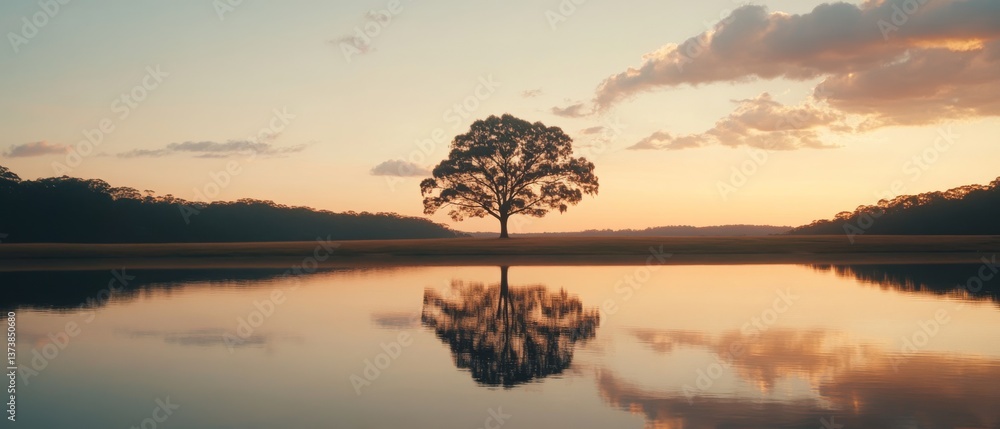 Fototapeta premium In the glow of dawn, a single tree stands reflected in a calm lake, epitomizing nature’s symmetry and stillness against a gentle pastel sky.