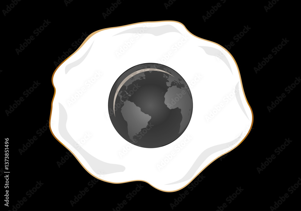 Calentamiento global, el planeta Tierra frito como un huevo frito en tono blanco, negro y grises. Ecologismo