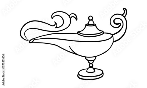 Gin's magic lamp in doodle style. It is suitable for fantasy projects, books or games. A monochrome object with smoke. An atmosphere of magic, mystery and adventure related magical desires. Halloween.