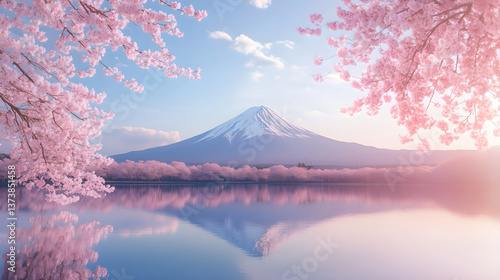 Cherry blossoms blooming under Mount Fuji