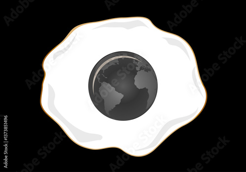 Calentamiento global, el planeta Tierra frito como un huevo frito en tono blanco, negro y grises. Ecologismo