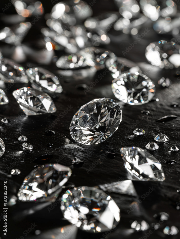 Collection of Sparkling Diamonds of various sizes scattered on Black Background. Luxury and beauty set. Close-up Collection of Sparkling Diamonds of various sizes scattered on Black Background. Luxury and beauty set. Close-up