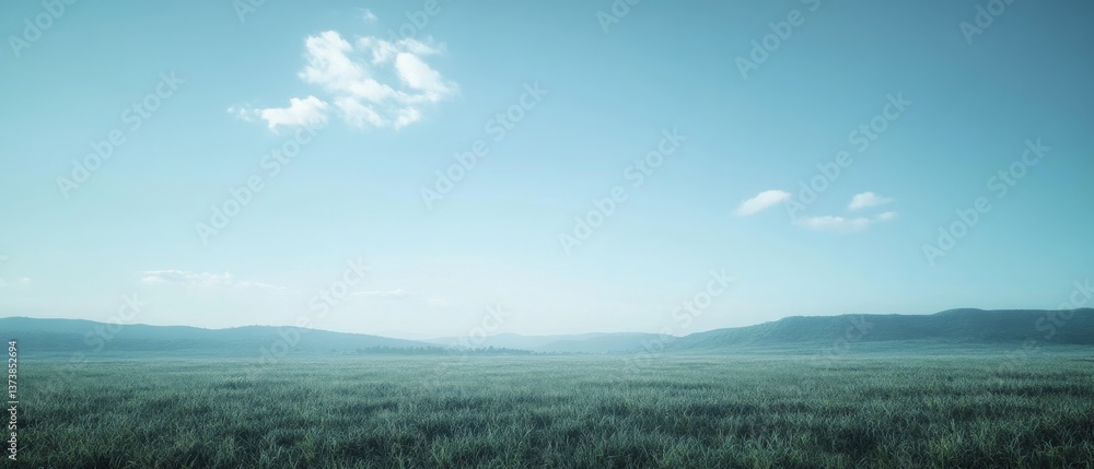Fototapeta premium A vast, open grassy field stretches under a bright azure sky, encapsulating freedom and endless possibilities in nature's embrace.